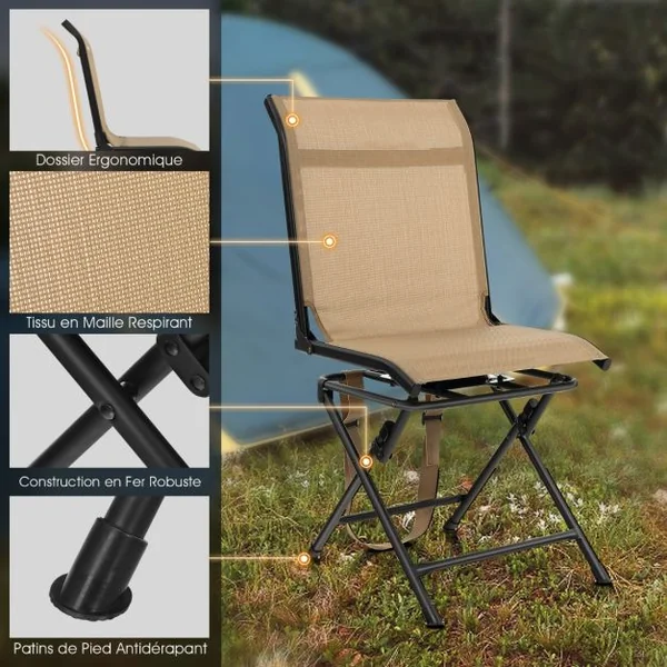 Chaise de Camping Pliante avec Base Rotative à 360° Charge 150KG Tabouret de Dossier pour Pêche Chasse Pique-nique Café