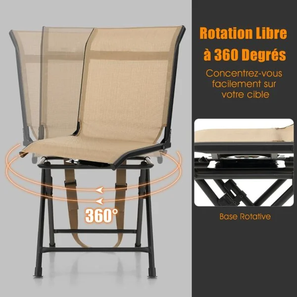 Chaise de Camping Pliante avec Base Rotative à 360° Charge 150KG Tabouret de Dossier pour Pêche Chasse Pique-nique Café