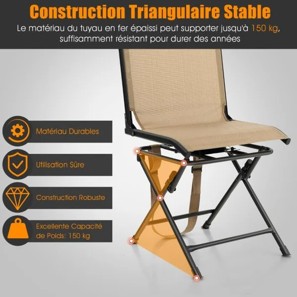 Chaise de Camping Pliante avec Base Rotative à 360° Charge 150KG Tabouret de Dossier pour Pêche Chasse Pique-nique Café