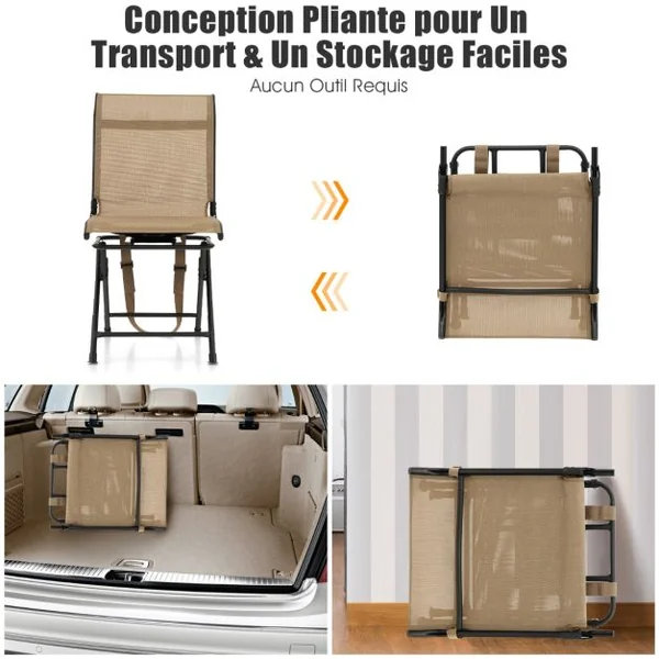 Chaise de Camping Pliante avec Base Rotative à 360° Charge 150KG Tabouret de Dossier pour Pêche Chasse Pique-nique Café