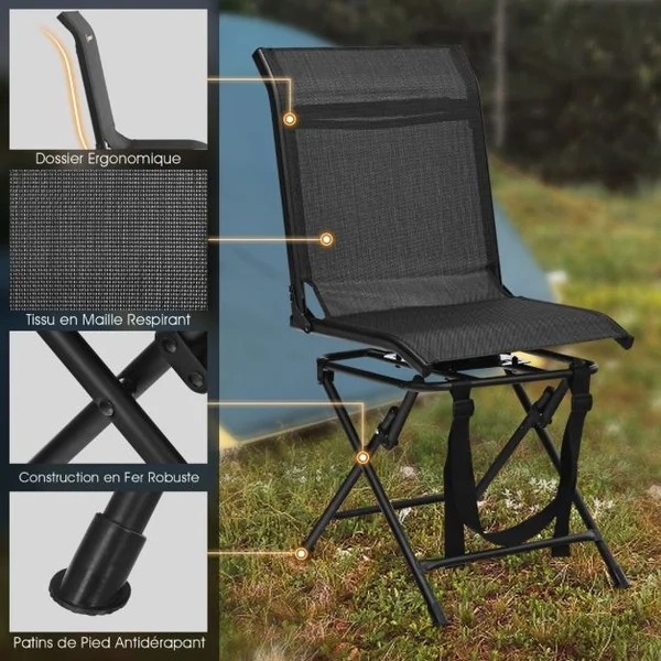 Chaise de Camping Pliante avec Base Rotative à 360° Charge 150KG Tabouret de Dossier pour Pêche Chasse Pique-nique Noir