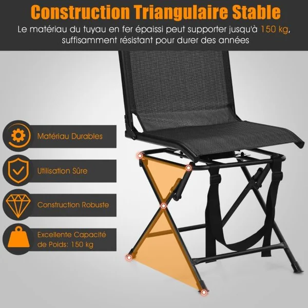 Chaise de Camping Pliante avec Base Rotative à 360° Charge 150KG Tabouret de Dossier pour Pêche Chasse Pique-nique Noir