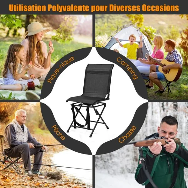 Chaise de Camping Pliante avec Base Rotative à 360° Charge 150KG Tabouret de Dossier pour Pêche Chasse Pique-nique Noir