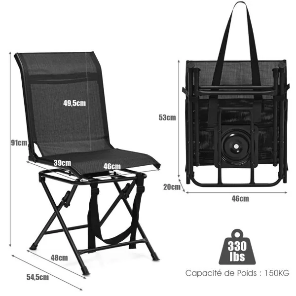 Chaise de Camping Pliante avec Base Rotative à 360° Charge 150KG Tabouret de Dossier pour Pêche Chasse Pique-nique Noir