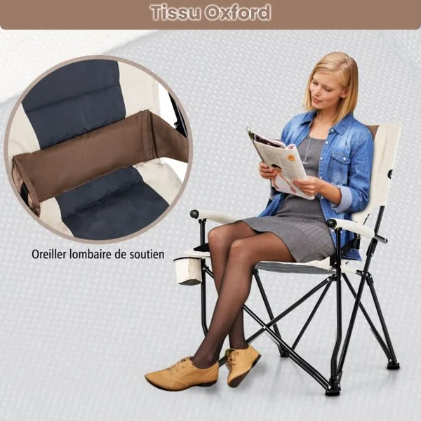 Chaise de Camping Pliante avec Dossier Haut Coussin Lombaire Charge 150KG Fauteuil de Camping pour Plage Pêche Pique-Nique Marron+Beige