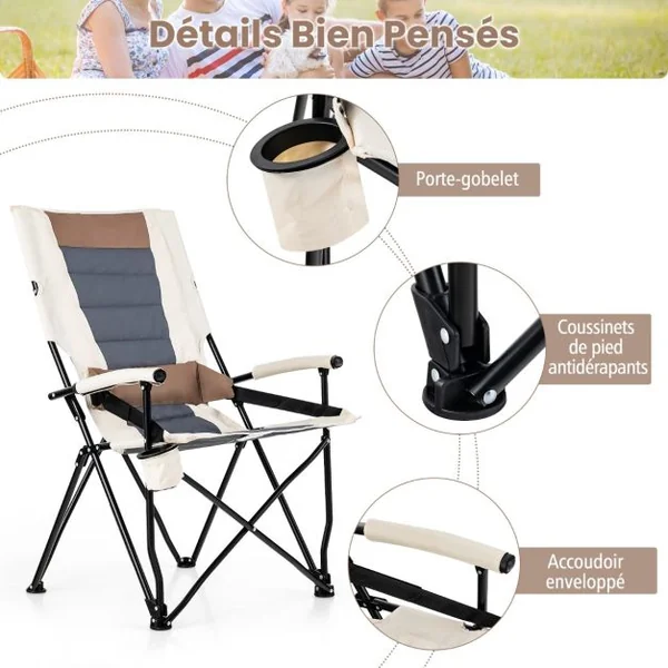 Chaise de Camping Pliante avec Dossier Haut Coussin Lombaire Charge 150KG Fauteuil de Camping pour Plage Pêche Pique-Nique Marron+Beige