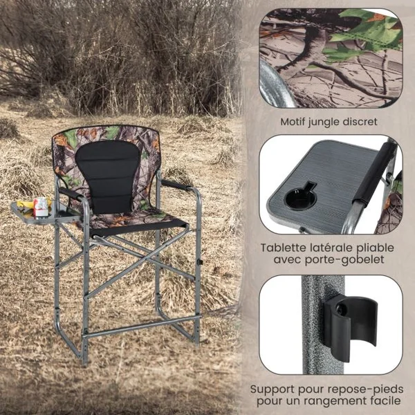 Chaise de Camping Pliante avec Table Latérale Amovible Charge 150KG Chaise de Pêche avec Porte-gobelet pour Chasse Randonnée
