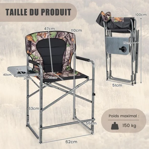 Chaise de Camping Pliante avec Table Latérale Amovible Charge 150KG Chaise de Pêche avec Porte-gobelet pour Chasse Randonnée