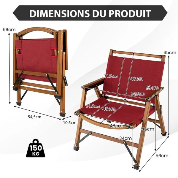 Chaise de Camping Pliante Charge 150KG avec Cadre en Bambou Massif Chaise Pliante d'Extérieur avec Accoudoirs Hauteur d’Assise 34CM