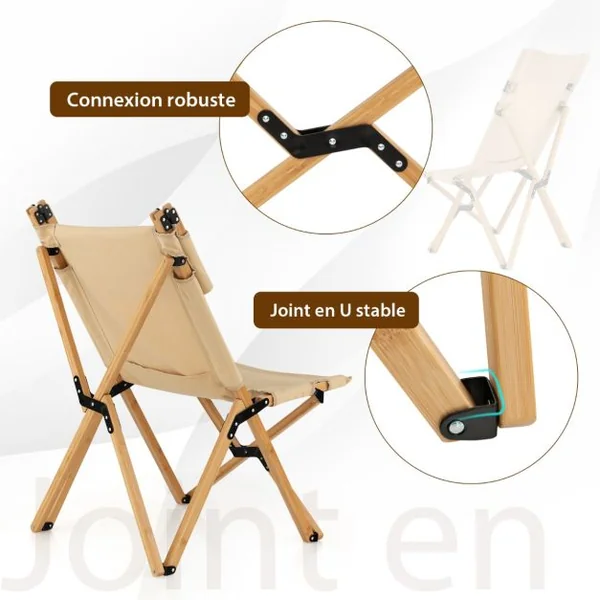 Chaise de Camping Pliante en Bambou Charge 150KG avec Dossier Ajustable 48/60CM en Toile Légère Sac de Transpor Naturel