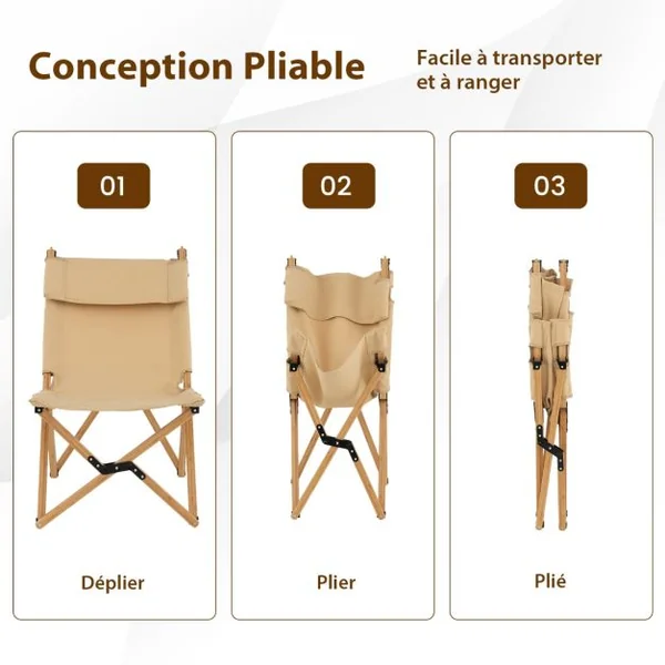 Chaise de Camping Pliante en Bambou Charge 150KG avec Dossier Ajustable 48/60CM en Toile Légère Sac de Transpor Naturel