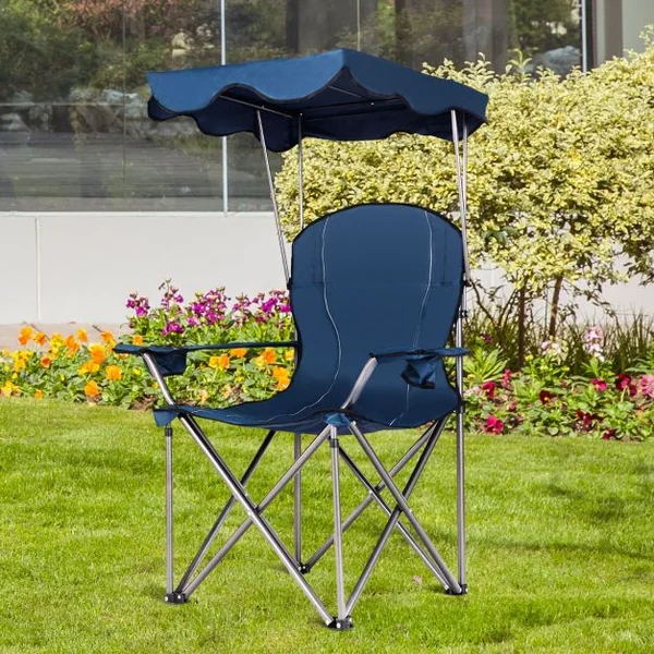 Chaise de Camping Pliante Rembourrée Auvent Pliable Capacité 120 KG en PVC et Cadre en Acier 96,5x67,5x130cm Bleu