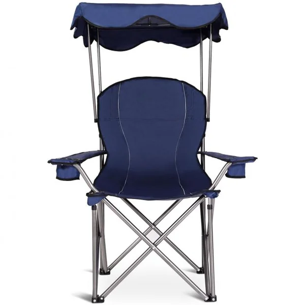 Chaise de Camping Pliante Rembourrée Auvent Pliable Capacité 120 KG en PVC et Cadre en Acier 96,5x67,5x130cm Bleu