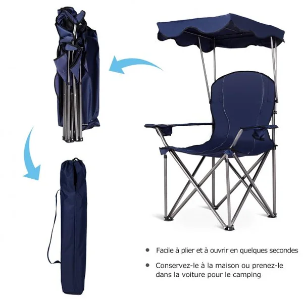 Chaise de Camping Pliante Rembourrée Auvent Pliable Capacité 120 KG en PVC et Cadre en Acier 96,5x67,5x130cm Bleu
