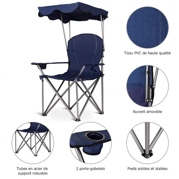 Chaise de Camping Pliante Rembourrée Auvent Pliable Capacité 120 KG en PVC et Cadre en Acier 96,5x67,5x130cm Bleu