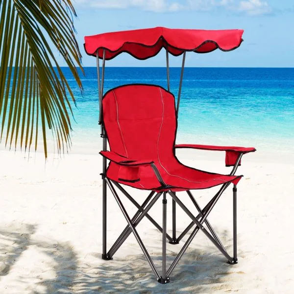 Chaise de Camping Pliante Rembourrée Auvent Pliable Capacité 120 KG en PVC et Cadre en Acier 96,5x67,5x130cm Rouge