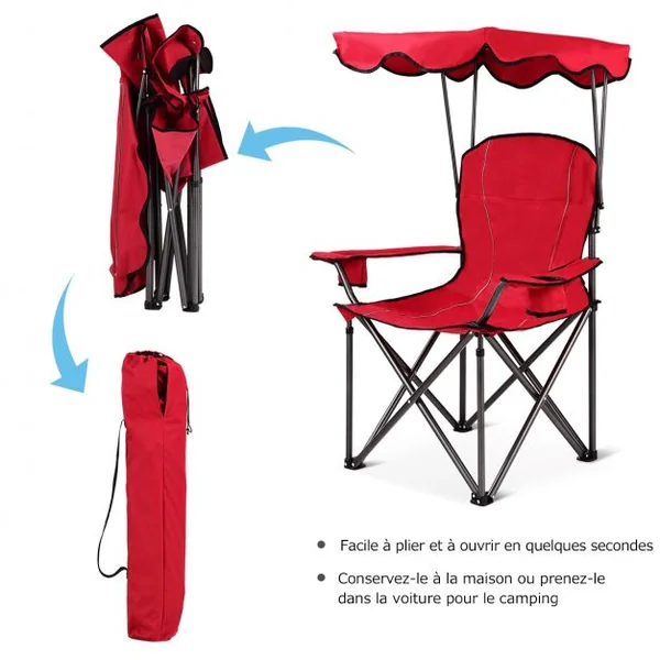 Chaise de Camping Pliante Rembourrée Auvent Pliable Capacité 120 KG en PVC et Cadre en Acier 96,5x67,5x130cm Rouge