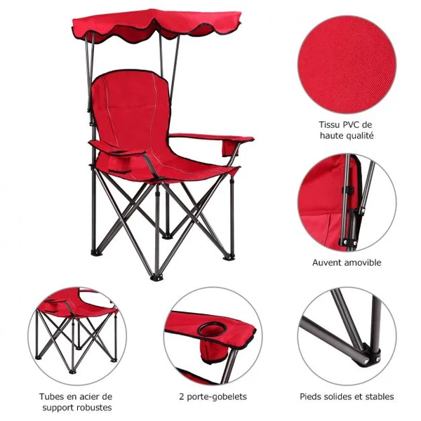 Chaise de Camping Pliante Rembourrée Auvent Pliable Capacité 120 KG en PVC et Cadre en Acier 96,5x67,5x130cm Rouge