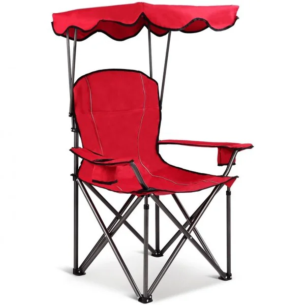 Chaise de Camping Pliante Rembourrée Auvent Pliable Capacité 120 KG en PVC et Cadre en Acier 96,5x67,5x130cm Rouge