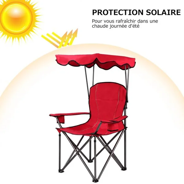 Chaise de Camping Pliante Rembourrée Auvent Pliable Capacité 120 KG en PVC et Cadre en Acier 96,5x67,5x130cm Rouge