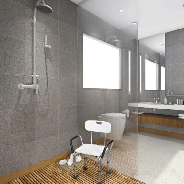 Chaise de Douche avec Accoudoir et Dossier 45x44x73-85CM Charge 150KG Réglable en Hauteur Pieds Caoutchouc Antidérapants Blanc
