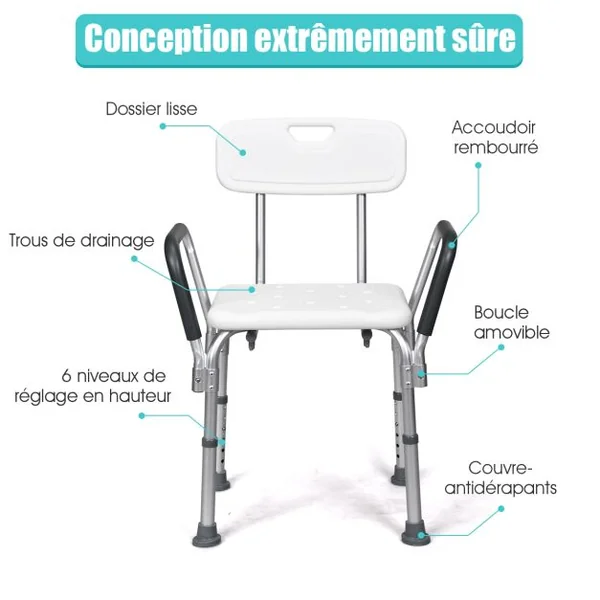 Chaise de Douche avec Accoudoir et Dossier 45x44x73-85CM Charge 150KG Réglable en Hauteur Pieds Caoutchouc Antidérapants Blanc