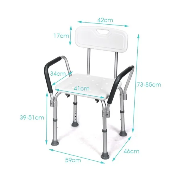 Chaise de Douche avec Accoudoir et Dossier 45x44x73-85CM Charge 150KG Réglable en Hauteur Pieds Caoutchouc Antidérapants Blanc