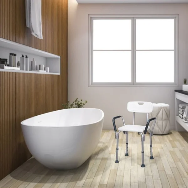 Chaise de Douche avec Accoudoir et Dossier 45x44x73-85CM Charge 150KG Réglable en Hauteur Pieds Caoutchouc Antidérapants Blanc