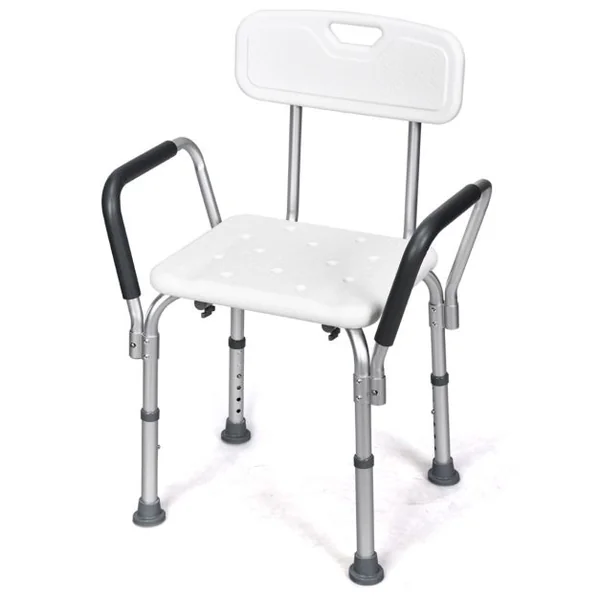 Chaise de Douche avec Accoudoir et Dossier 45x44x73-85CM Charge 150KG Réglable en Hauteur Pieds Caoutchouc Antidérapants Blanc