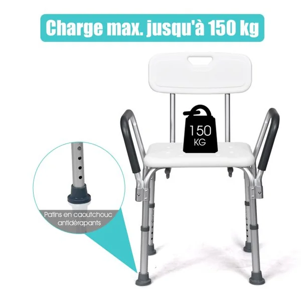 Chaise de Douche avec Accoudoir et Dossier 45x44x73-85CM Charge 150KG Réglable en Hauteur Pieds Caoutchouc Antidérapants Blanc