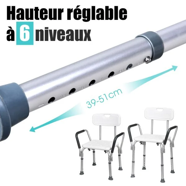Chaise de Douche avec Accoudoir et Dossier 45x44x73-85CM Charge 150KG Réglable en Hauteur Pieds Caoutchouc Antidérapants Blanc