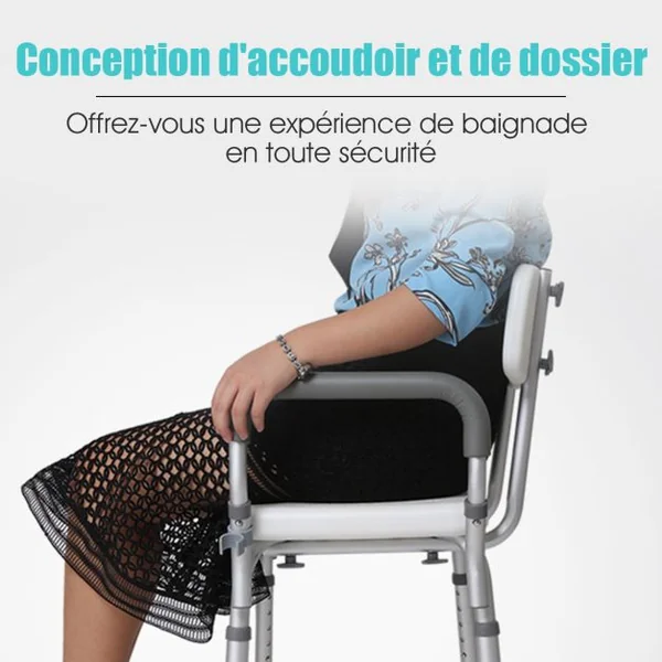 Chaise de Douche avec Accoudoir et Dossier 45x44x73-85CM Charge 150KG Réglable en Hauteur Pieds Caoutchouc Antidérapants Blanc