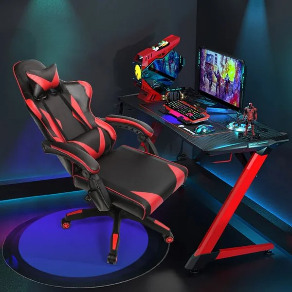 Chaise de Gamer en Simili Cuir à 5 Roulettes avec Appui-tête et Oreiller Dossier Réglable Rouge