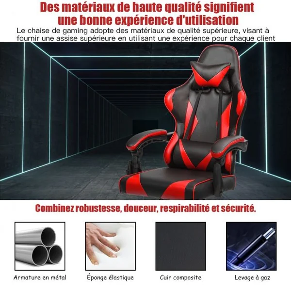 Chaise de Gamer en Simili Cuir à 5 Roulettes avec Appui-tête et Oreiller Dossier Réglable Rouge