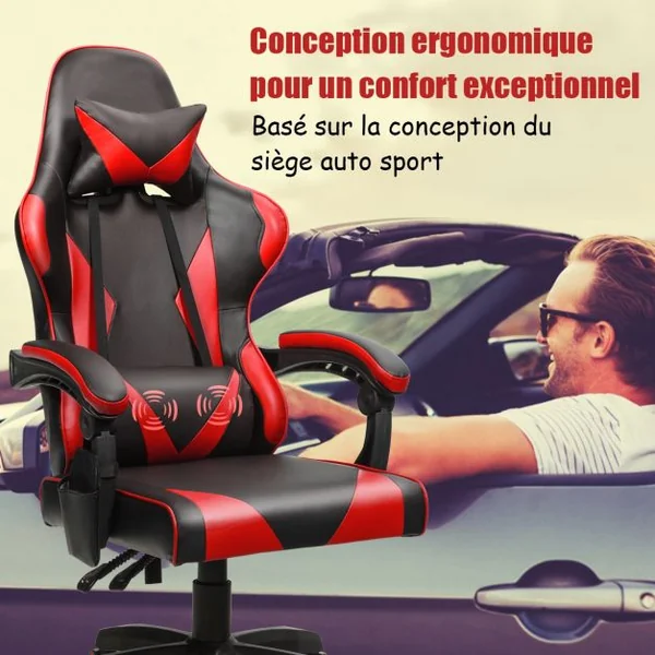 Chaise de Gamer en Simili Cuir à 5 Roulettes avec Appui-tête et Oreiller Dossier Réglable Rouge