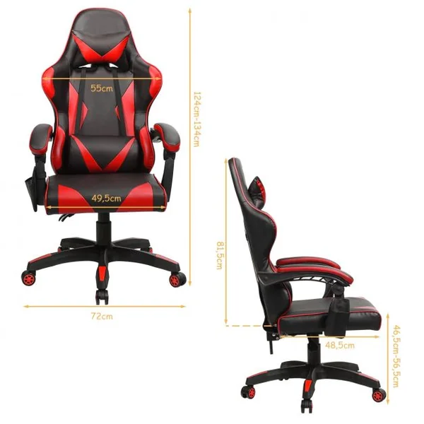 Chaise de Gamer en Simili Cuir à 5 Roulettes avec Appui-tête et Oreiller Dossier Réglable Rouge