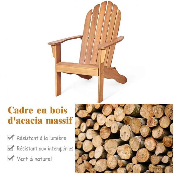 Chaise de Jardin Adirondack Résistante Dossier Incurvé Accoudoirs Capacité 170 kg en Bois d’Acacia 69x88x103cm Naturel