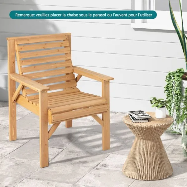 Chaise de Jardin en Bois de Sapin Baumier avec Dossier Incliné et Accoudoirs Capacité 150 kg pour Jardin Cour Arrière