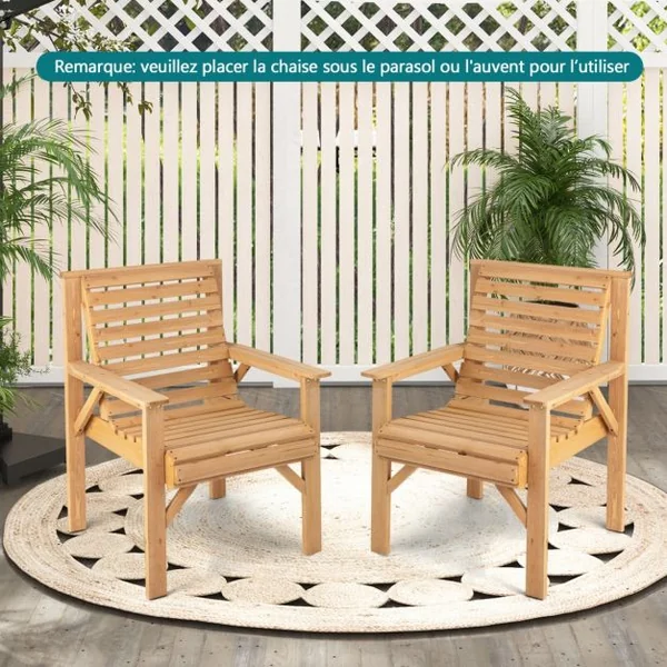 Chaise de Jardin en Bois de Sapin Baumier avec Dossier Incliné et Accoudoirs Capacité 150 kg pour Jardin Cour Arrière