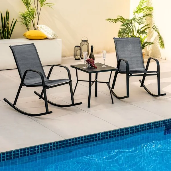 Chaise de Jardin à Bascule Lot de 2 Fauteuil à Bascule avec Accoudoirs Cadre en Métal Rocking Chair Ergonomique 91 x 62 x 86 cm Marron/Noir/Gris