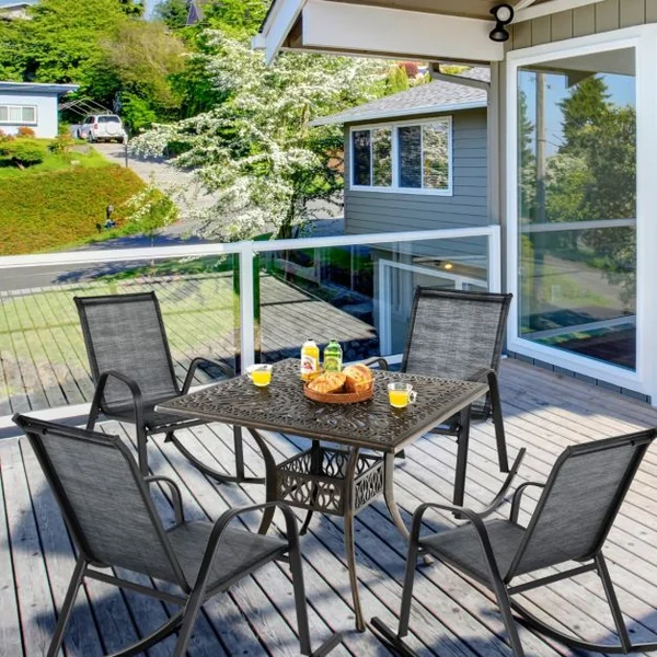 Chaise de Jardin à Bascule Lot de 2 Fauteuil à Bascule avec Accoudoirs Cadre en Métal Rocking Chair Ergonomique 91 x 62 x 86 cm Marron/Noir/Gris
