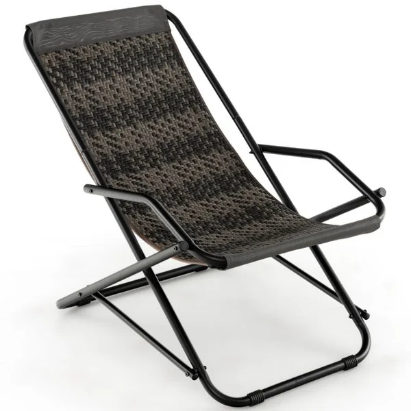 Chaise de Plage Pliable en Rotin PE Anti-UV Siège de Plage avec Accoudoirs Cadre en Métal Chaise Pliante Extérieur Portable pour Plage Jardin