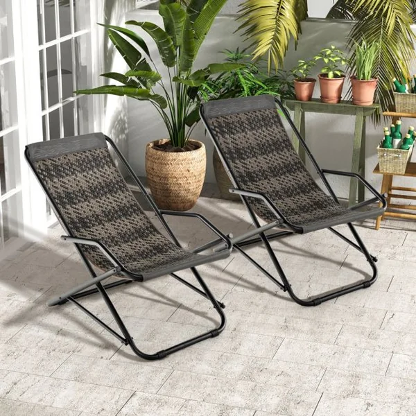 Chaise de Plage à Bascule Pliable en Rotin PE Anti-UV avec Repose-pieds Charge 150 KG Cadre en Métal 106 x 65 x 79 CM Gris