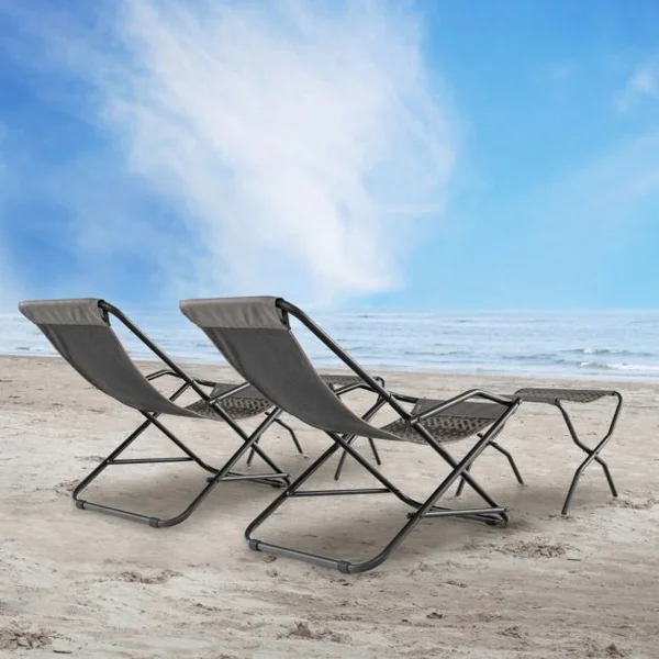 Chaise de Plage à Bascule Pliable en Rotin PE Anti-UV avec Repose-pieds Charge 150 KG Cadre en Métal 106 x 65 x 79 CM Gris