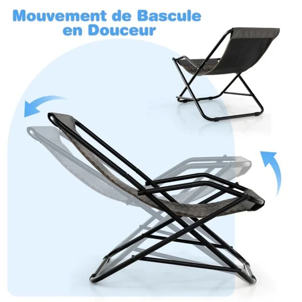 Chaise de Plage à Bascule Pliable en Rotin PE Anti-UV avec Repose-pieds Charge 150 KG Cadre en Métal 106 x 65 x 79 CM Gris
