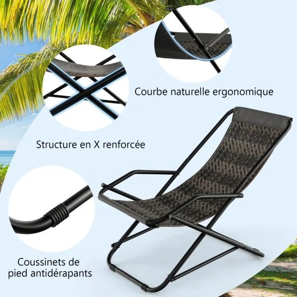 Chaise de Plage à Bascule Pliable en Rotin PE Anti-UV avec Repose-pieds Charge 150 KG Cadre en Métal 106 x 65 x 79 CM Gris