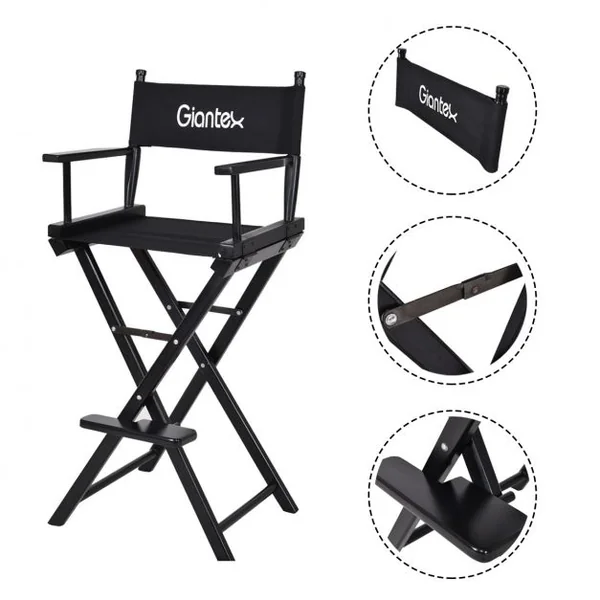 Chaise de producteur cinéma Chaise haute pliante Fauteuil portable, repose-pieds, capacité 100 kg, 56 x 48 x 116 cm, Noir