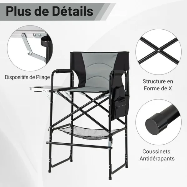 Chaise de Réalisateur Haute de 116,5 cm Chaise de Maquilleuse Pliante avec Table d'Appoint Pliable et Repose-Pied Noir + Gris