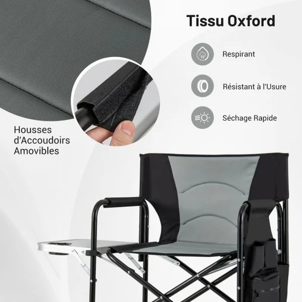 Chaise de Réalisateur Haute de 116,5 cm Chaise de Maquilleuse Pliante avec Table d'Appoint Pliable et Repose-Pied Noir + Gris