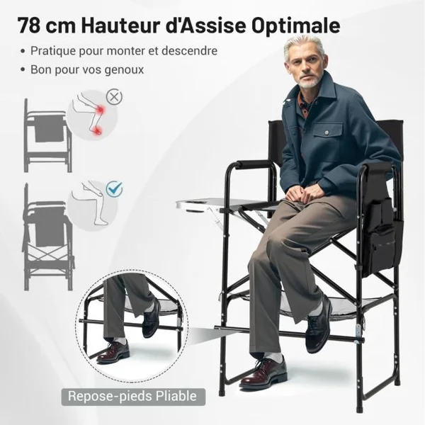 Chaise de Réalisateur Haute de 116,5 cm Chaise de Maquilleuse Pliante avec Table d'Appoint Pliable et Repose-Pied Noir + Gris